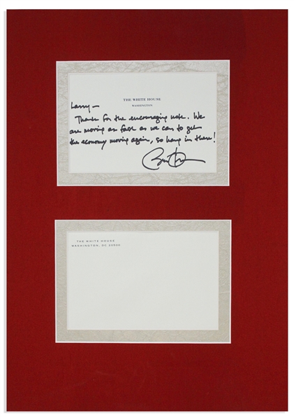 Barack Obama Autograph Note Signed as President, on White House Letterhead -- ''...We are moving as fast as we can to get the economy moving again, so hang in there!...''